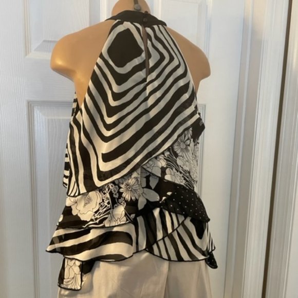 Johnathan Martin Black/White Ruffled Floral & Polka Dot Top Small - Picture 5 of 6